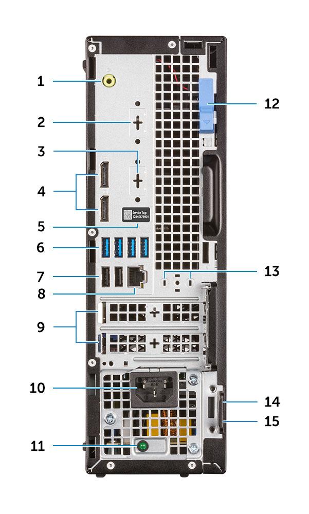 Hátulnézet 1 Vonalkimeneti csatlakozóaljzat 2 Soros port (opcionális) 3 DisplayPort/HDMI 2.0b/VGA/USB Type-C Alt mód (opcionális) 4 DisplayPort-csatlakozók (2) 5 Szervizcímke 6 USB 3.