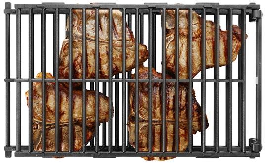 A különleges felépítés mindkét oldal tökéletes sütését biztosítja és a nagy vastagságú kör keresztmetszetű rudaknak köszönhetően markáns grillbarázdák keletkeznek.
