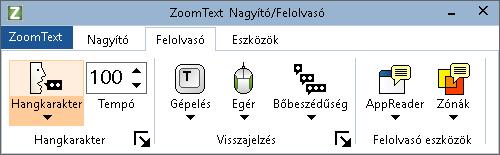 132 A Felolvasó eszköztárfül A Felolvasó eszköztárfülön található gyorsgombokkal a ZoomText beszédfunkcióit lehet be- és kikapcsolni, illetve ezek működését módosítani.