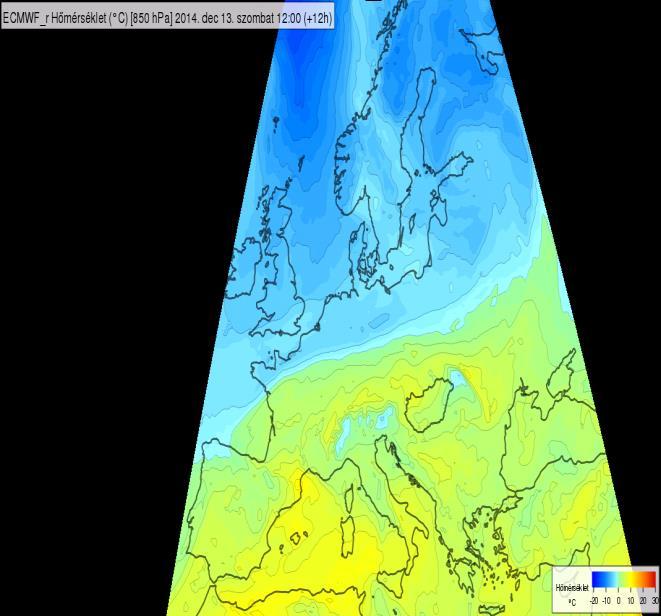 13. ábra: Az ECMWF 850 hpa-os nyomási szintre vonatkozó hőmérsékleti előrejelzése 12 UTC-re (HAWK-3) A meleg-nedves szállítószalag hazánk fölé helyeződését várta ALADIN korlátos