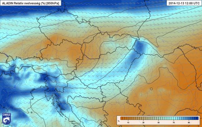 14. ábra: A 925 hpa-os szint relatív nedvessége és szélmezeje az ALADIN 12 UTC-re vonatkozó előrejelzésén (HAWK-3) 15.