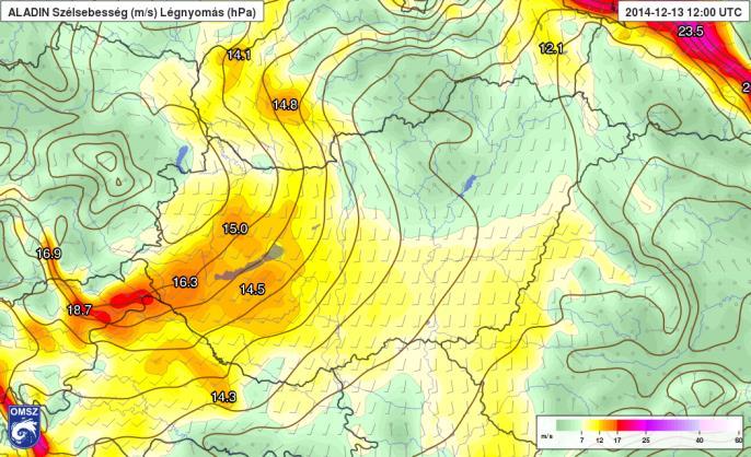 időjárás. Az erős szél mellett az Alpokalján 16 m/s-os viharos lökéseket várt a modell (17. ábra).