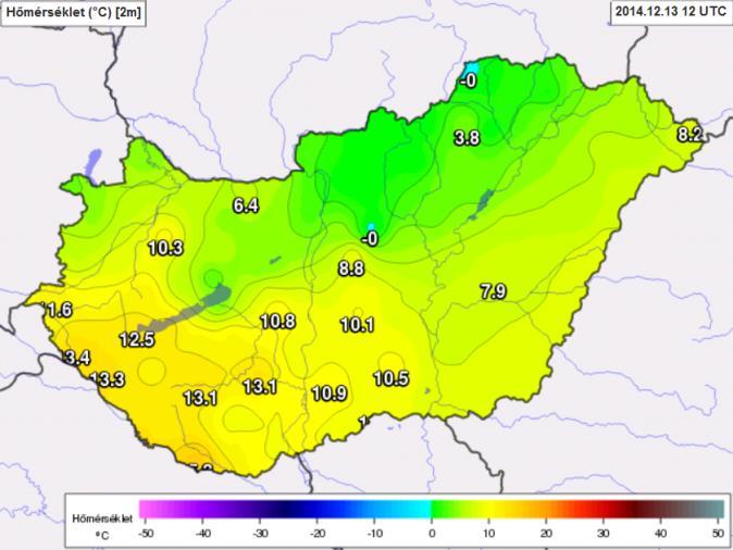 ábra: A hőmérsékletre vonatkozó felszíni megfigyelések 12 UTC-kor (HAWK-3) Figyelembe véve a szélre, a hőmérsékletre és a relatív nedvességre vonatkozó