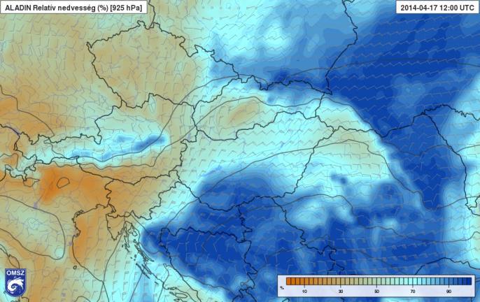 26. ábra: A 925 hpa-os szint relatív nedvessége és szélmezeje az ALADIN 12 UTC-re vonatkozó előrejelzésén (HAWK-3) Az ALADIN szélre vonatkozó előrejelzései a délelőtti órákban várták a legerősebb
