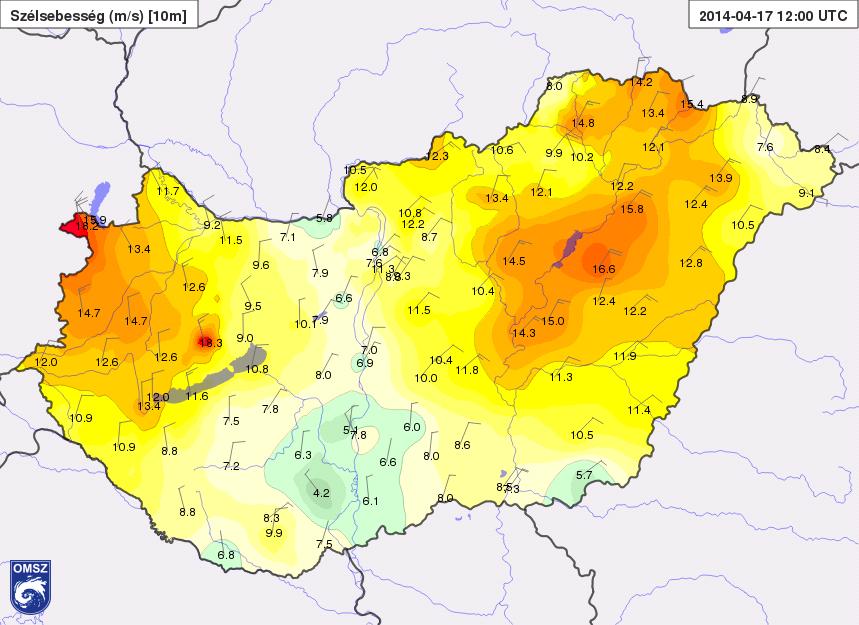 ábra: A hőmérsékletre vonatkozó felszíni megfigyelések (HAWK-3) Az ALADIN által várt két szélcsatorna kialakulását is igazolták a megfigyelések.