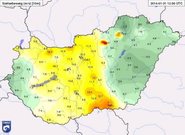 A legerősebb széllökések Baranya megyében és a Kékestetőn jelentkeztek. Ezzel szemben a Tiszántúlon és északkeleten, továbbá az Alpokalján gyenge volt a légmozgás (43. ábra).