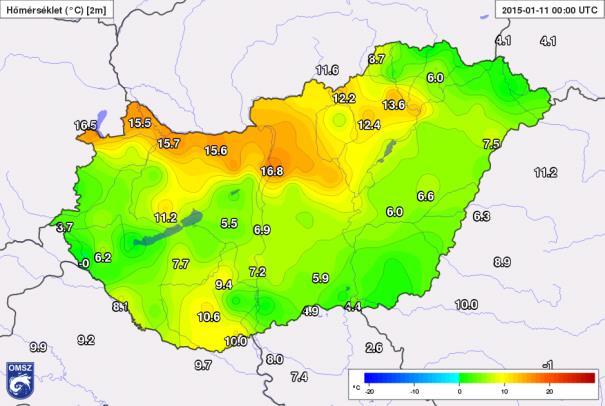 ábra: A felszíni hőmérsékletre vonatkozó megfigyelések 00 UTC-kor (HAWK-3)