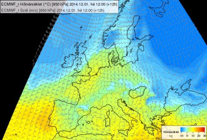 ábra: Az ECMWF 850 hpa-os hőmérsékletre és szélmezőre vonatkozó előrejelzése 12 UTC-re (HAWK-3) Az ALADIN hőmérsékleti előrejelzései a Kárpátokon
