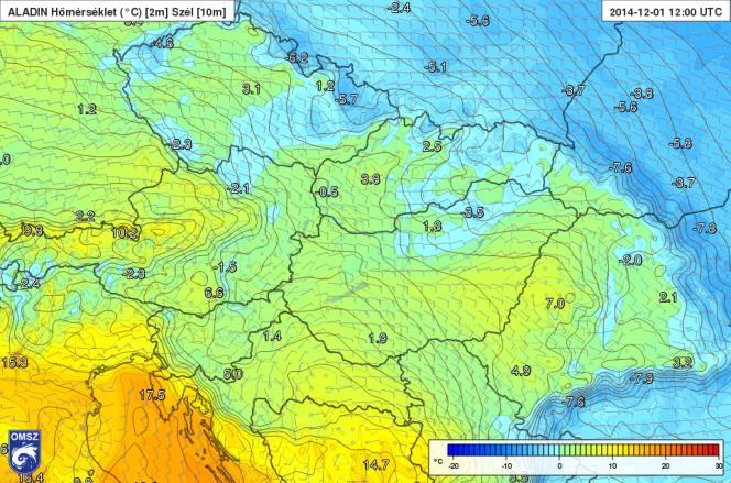 72. ábra: Az ALADIN felszíni hőmérsékletre vonatkozó előrejelzése 12 UTC-re. Jól megfigyelhető a Kárpát-medencét körül ölelő hideg légtömeg (HAWK-3) 73.