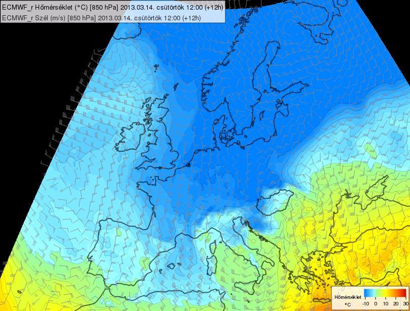 79. ábra: Az ECMWF 850 hpa-os szintre vonatkozó hőmérsékleti előrejelzése 12 UTC-re (HAWK-3) A mediterrán ciklon melegfrontja március 13-án az esti órákban érte el a Dunántúlt.
