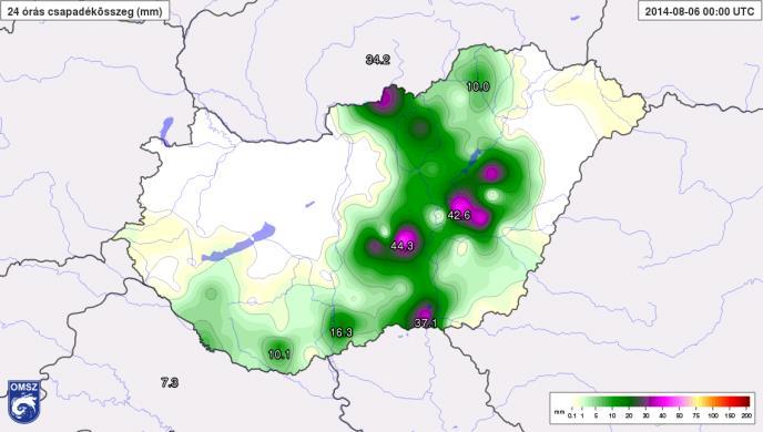 105. ábra: 24 órás megfigyelt csapadékösszeg (HAWK-3) 106. ábra: Az ALADIN által előrejelzett 24 órás csapadékösszeg (HAWK-3) 2015. július 25.