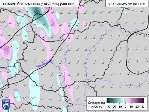 ábra: A hegyvidékek feletti konvergencia megjelenik az ECMWF előrejelzésén is (HAWK-3) A Kárpát-medence felett húzódó rövidhullámú teknő tengelyében létrejött pozitív