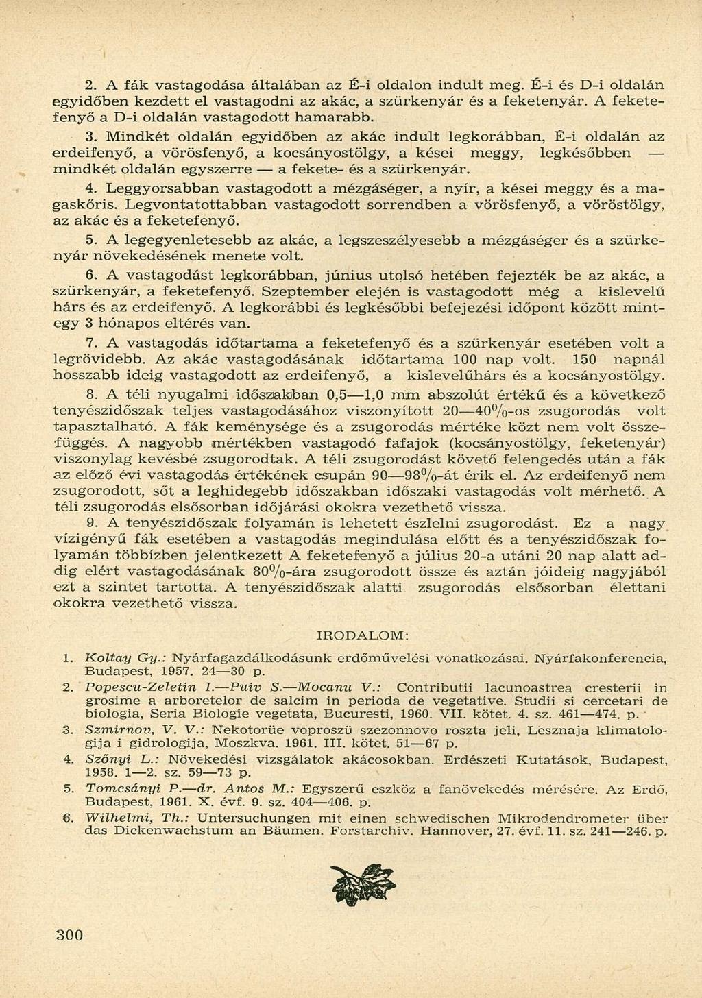 2. A fák vastagodása általában az É-i oldalon indult meg. É-i és D-i oldalán egyidőben kezdett el vastagodni az akác, a szürkenyár és a feketenyár. A feketefenyő a D-i oldalán vastagodott hamarabb. 3.