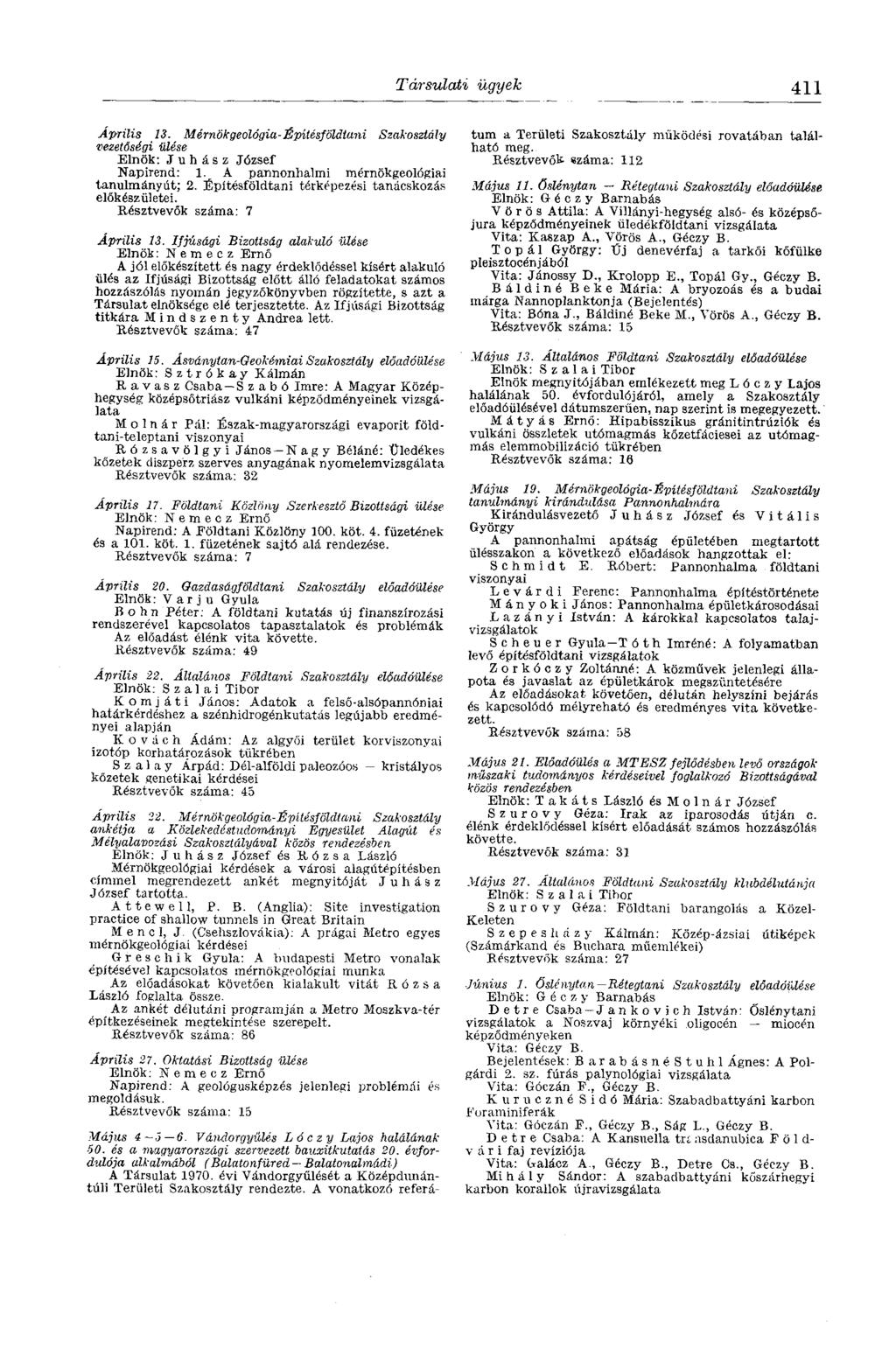Társulati ügyek 411 Április 13. Mérnökgeológia-Építésföldtani Szakosztály vezetőségi ülése Elnök: Juhász József Napirend: 1. A pannonhalmi mérnökgeológiai tanulmányút; 2.