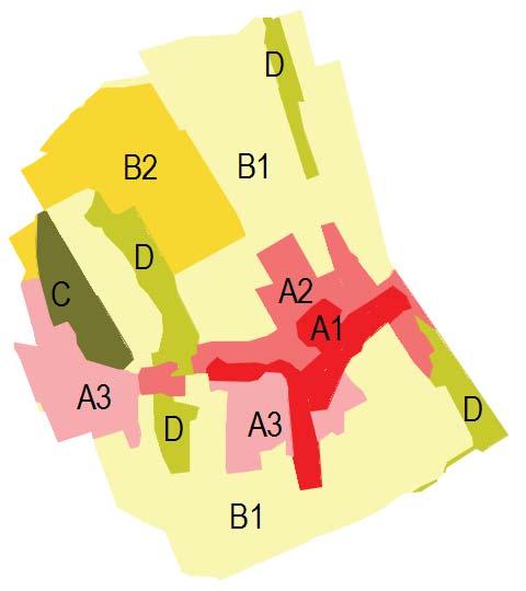 6. számú ábra A különböző karakterű külterületi egységek elhelyezkedése Bogád területén A1 belterület magja, A2 újabb, családiházas belterületek, a belterület be nem épített, kertes vagy gazdasági