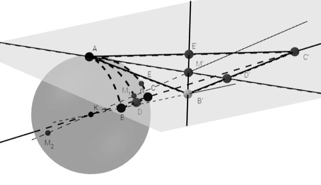 Vegyük az B pontban vett érintősíkot (S) és vetítsük ki a háromszög további csúcsait erre az S síkra. Jelöljük a pontokat: B és C. Az így keletkező AB C háromszögnek létezik magasság pontja, M.