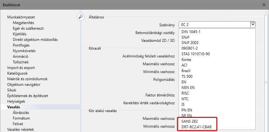 Allplan 2019 Bővítések a nemzetközi projekteken való munkához 81 Új vasalás szabványok Dél-Afrika és Algéria számára a szabványok kibővültek a SANS 282 és DRT-BC2.