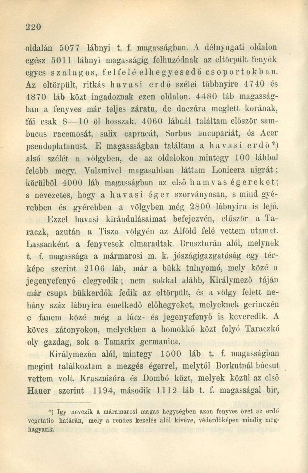oldalán 5077 lábnyi t. f. magasságban. A délnyugati oldalon egész 5011 lábnyi magasságig felhúzódnak az eltörpült fenyők egyes szalagos, felfelé el hegyesedő csoportokban.