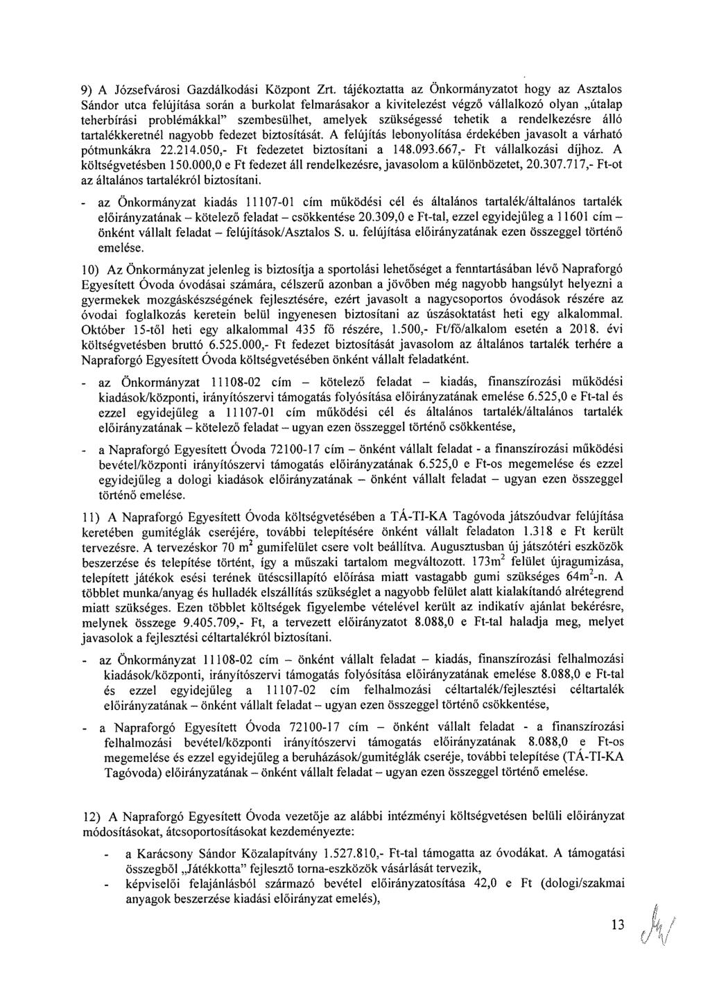 9) A Józsefvárosi Gazdálkodási Központ Zrt.