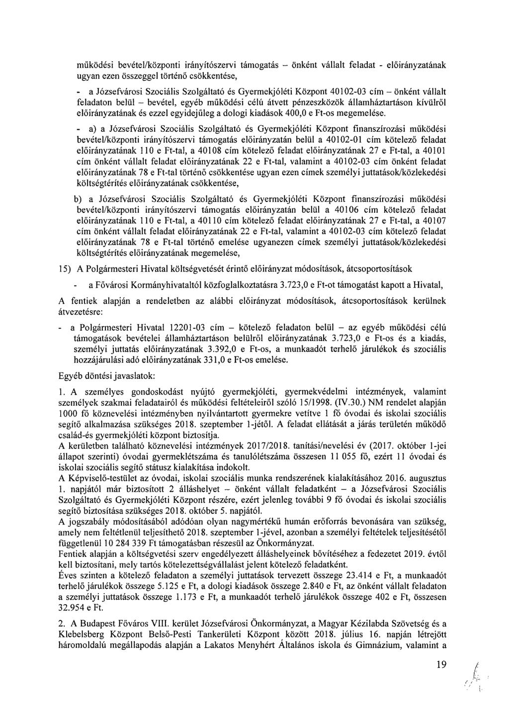működési bevétel/központi irányítószervi támogatás önként vállalt feladat - ának ugyan ezen összeggel történő csökkentése, - a Józsefvárosi Szociális Szolgáltató és Gyermekjóléti Központ 40102-03 cím