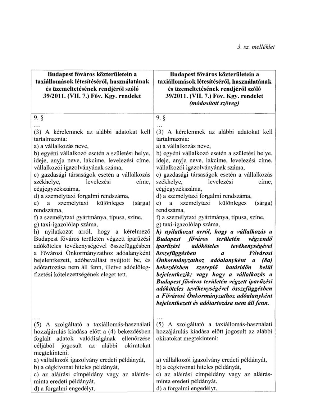 3. sz. melléklet Budapest főváros közterületein a taxiállomások létesítéséről, használatának és üzemeltetésének rendjéről szóló 39/2011. (VII. 7.) Főv. Kgy. rendelet 9.