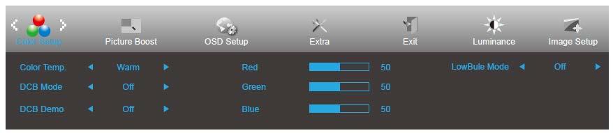 Color Setup (Színbeállítás) 1. Nyomja meg a MENU (MENÜ) gombot a menü megjelenítéséhez. 2.