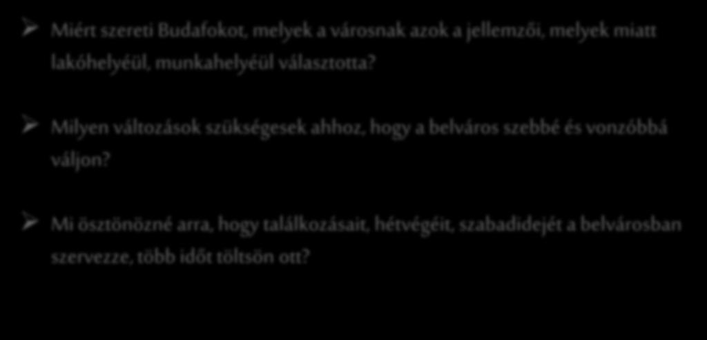 A mai kerekasztal beszélgetés kérdései Miért szereti Budafokot, melyek a városnak azok a jellemzői, melyek miatt lakóhelyéül, munkahelyéül választotta?