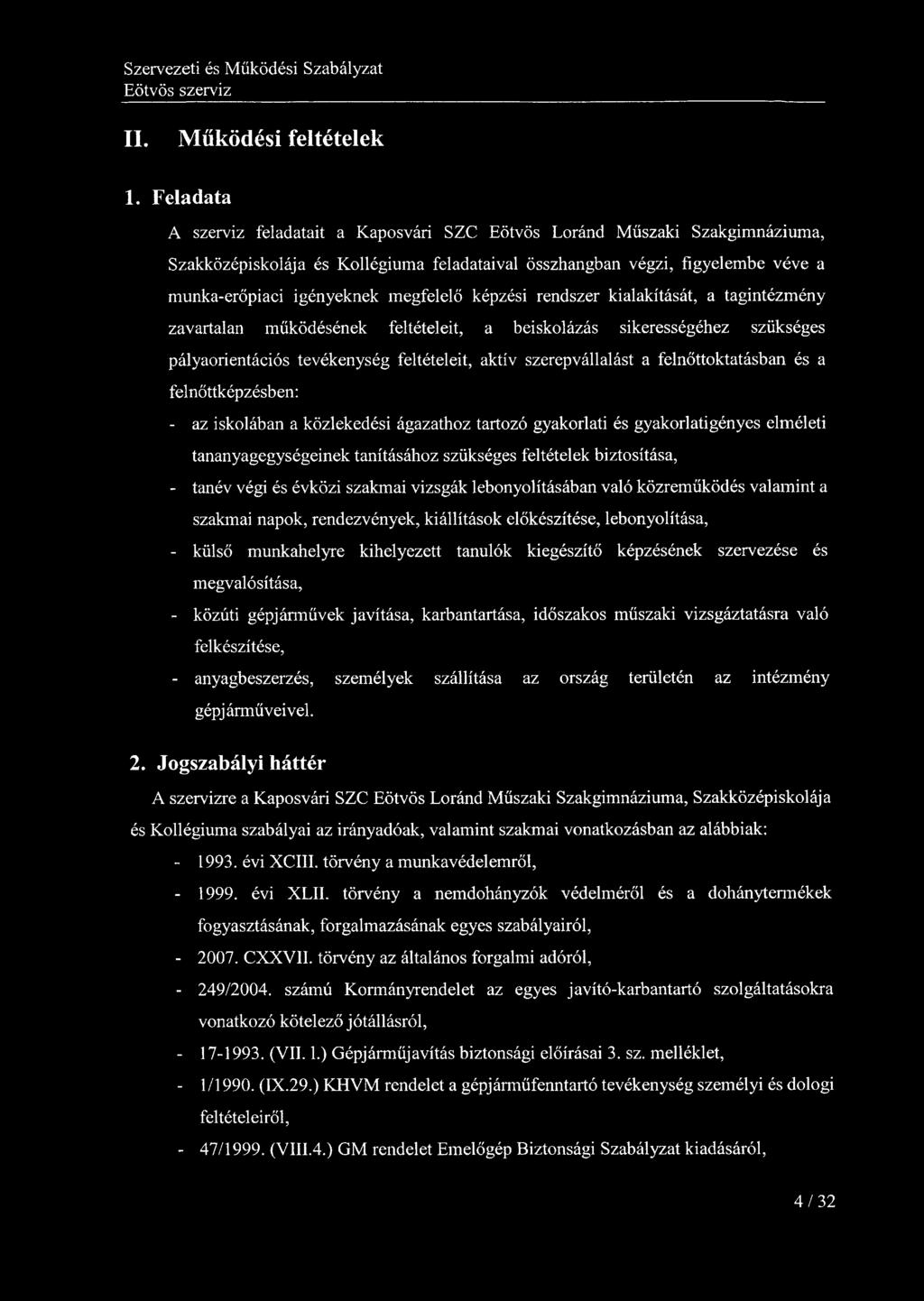 II. Működési feltételek 1.