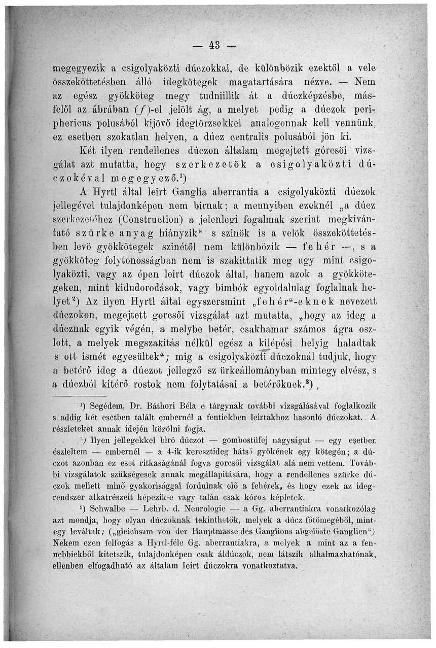 43 - megegyezik a csigolyaközti dúezokkal, de különbözik ezektől a vele összeköttetésben álló idegkötegek magatartására nézve.