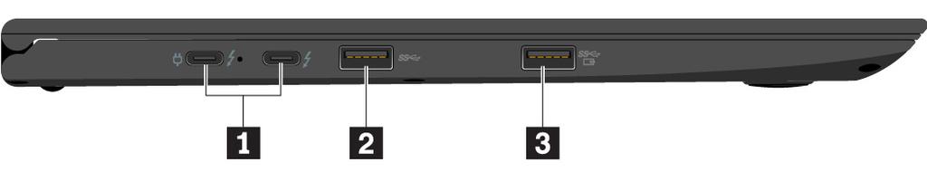 Bal oldali nézet 1 USB-C -csatlakozók (Thunderbolt 3-kompatibilis) / tápcsatlakozók 2 USB 3.0 csatlakozó 3 Always On USB 3.