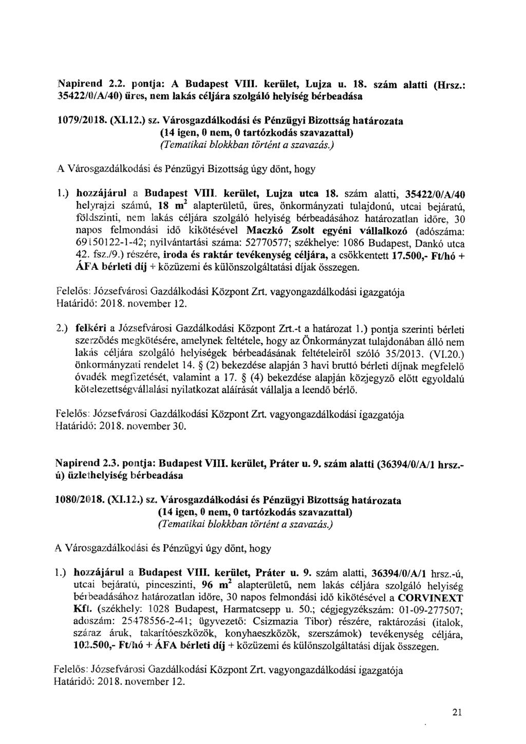 Napirend 2.2. pontja: A Budapest VIII. kerület, Lujza u. 18. szám alatti (Hrsz.: 35422/0/A/40) üres, nem lakás céljára szolgáló helyiség bérbeadása 1079/2018. (X1.12.) sz.