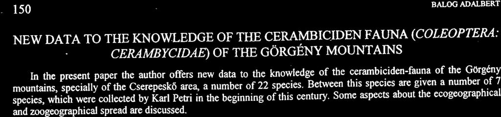 150 BALoGADALBERT NEW DATA TO THE KNOWLEDGE OF THE CERAMBIC,IDEN FAUNA (COLEOPTEM:.
