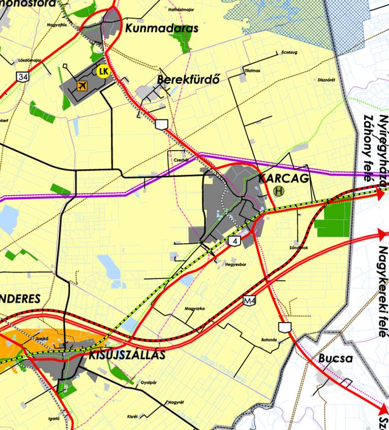 infrastruktúra hálózatok, térségfelhasználás a Megye szerkezeti tervének részlete b) A megyei övezetek által érintett területek
