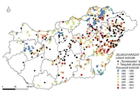 5. ábra: Az ürge (Spermophilus citellus) elterjedési területének változása az 1950 2017 közötti időszakban / Map of Hungary showing the historical and recent distribution of European Ground Squirrel