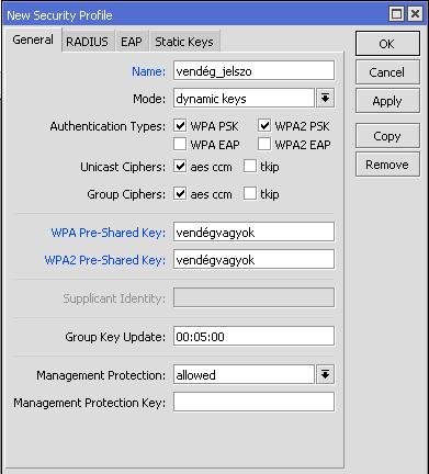 mikrotik:mikrotik Ha azt szeretnénk, hogy eltérő jelszava legyen a vendég WiFi-nek és a privát WiFi-nek, akkor sem sokkal bonyolultabb a dolgunk: létre kell hozni egy biztonsági proﬁlt a Security