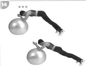 14. Torz stabilitás: nyomja a labdára mindkét könyökét, csípőjét tolja lefelé, míg a test teljesen ki nem egyenesedik, majd térjen vissza.