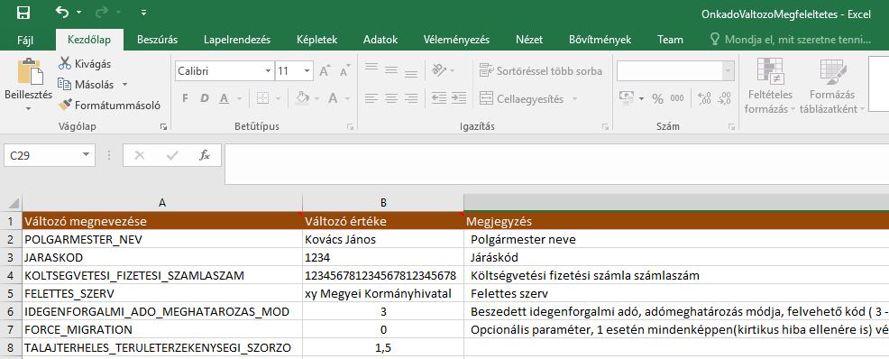 Az önkormányzatoknak csak a táblázat Változó értéke oszlopát van lehetőségük kitölteni, a többi rekord védett állapotban található, nem módosítható! Fontos!