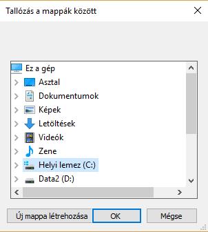 A Cél kiválasztása gomb megnyomására megjelenő felületen kiválasztható a migrációs adatcsomag tömörített állományának helyéül szolgáló mappa.