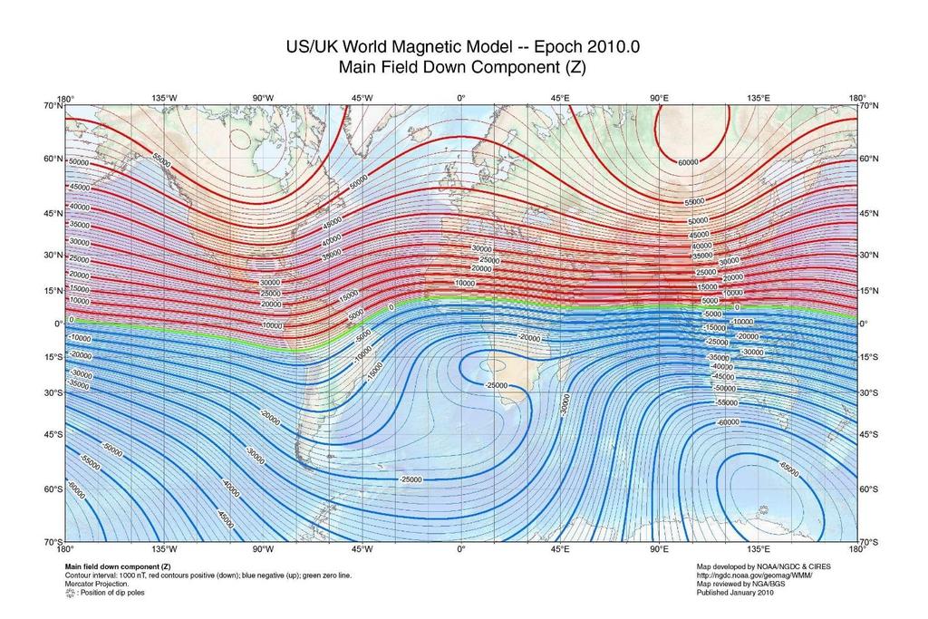 A Föld mágneses tere Földi totális mágneses tér vertikális komponensének eloszlása a 2010