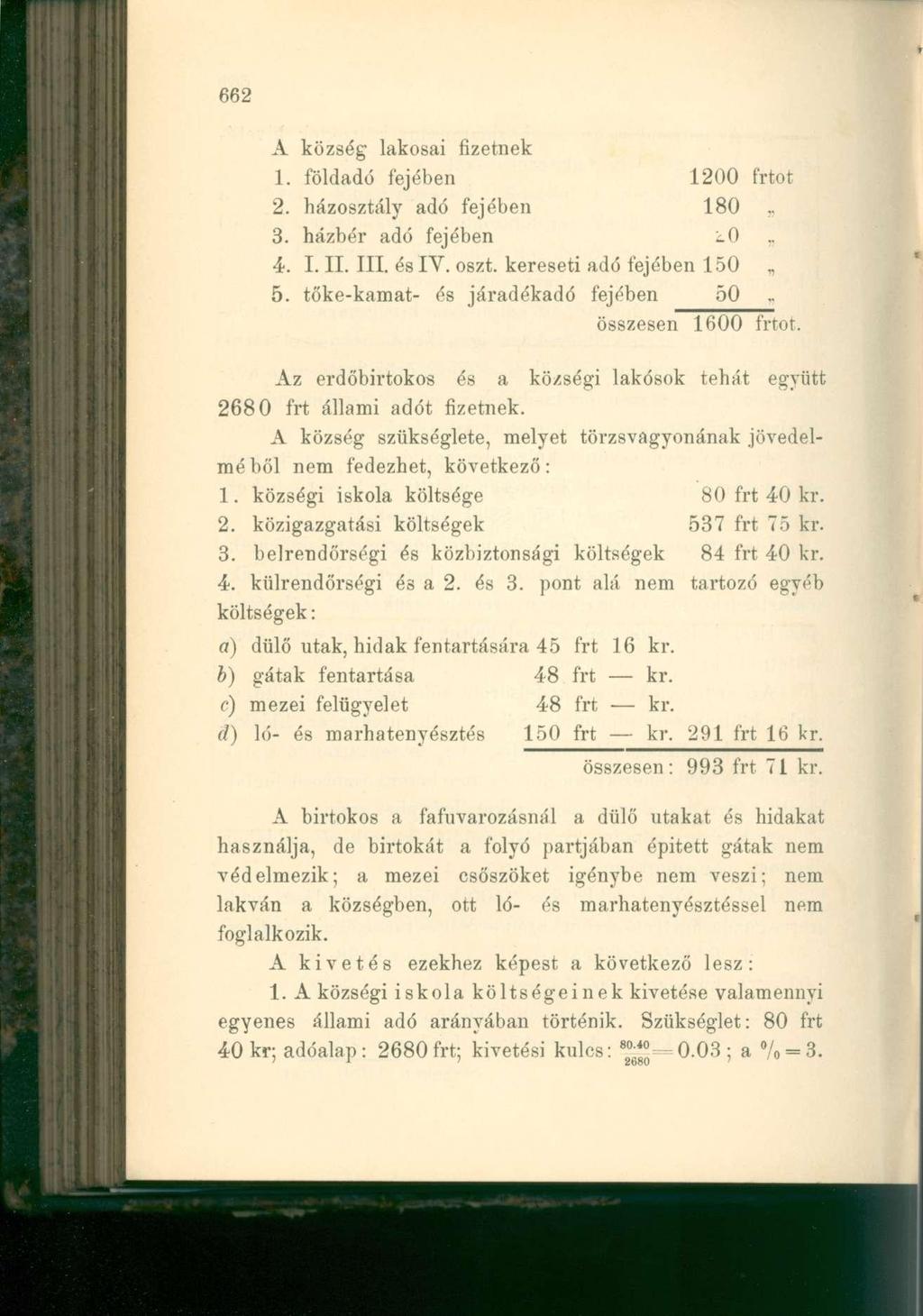 A község lakosai fizetnek 1. földadó fejében 1200 frtot 2. házosztály adó fejében 180 3. házbér adó fejében lo 4. I. II. III. és IV. oszt. kereseti adó fejében 150 5.
