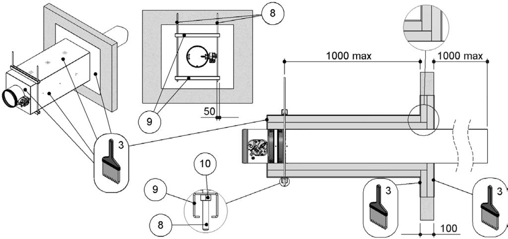 kg/m³ D Nyílás mérete: lásd a fenti táblázatban 1. 50 mm vastagságú, 140 kg/m³ sűrűségű kőzetgyapotlemez. 2. PROMASTOP E PASTE vagy HILTI CFS-S ACR tömítés 3.