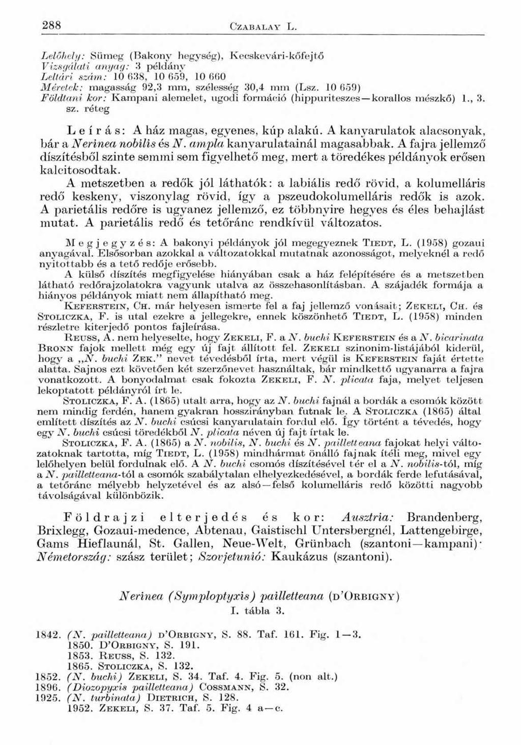 288 Ö Z A B A L A Y L. Lelőhely: Sümeg (Bakony hegység), Kecske vári-kőfejtő Vizsgálati anyag: 3 példány Leltári szám: 10 6.38, 10 659, 10 660 Méretek: magasság 92,3 mm, szélesség 30,4 mm (Lsz.