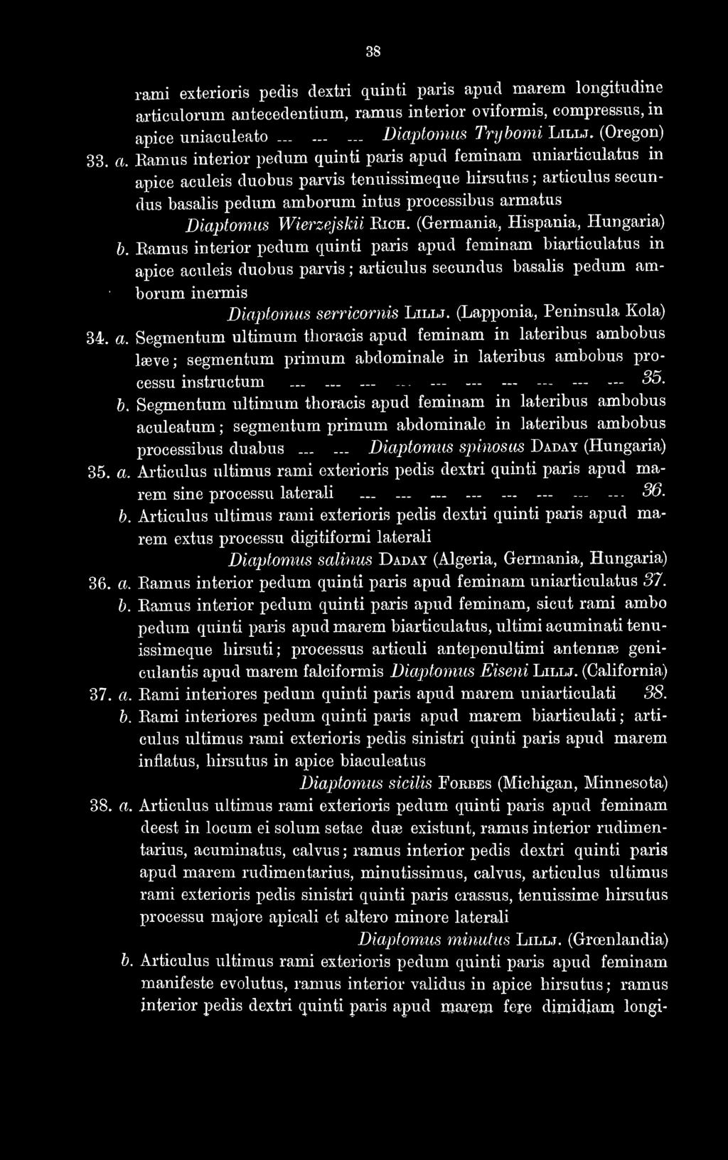 38 rami exterioris pedis dextri quinti paris apud marem longitudine articulorum antecedentium, ramus interior oviformis, compressus, in apice uniaculeato......... Diaptomuf^ Trybomi Lillj.