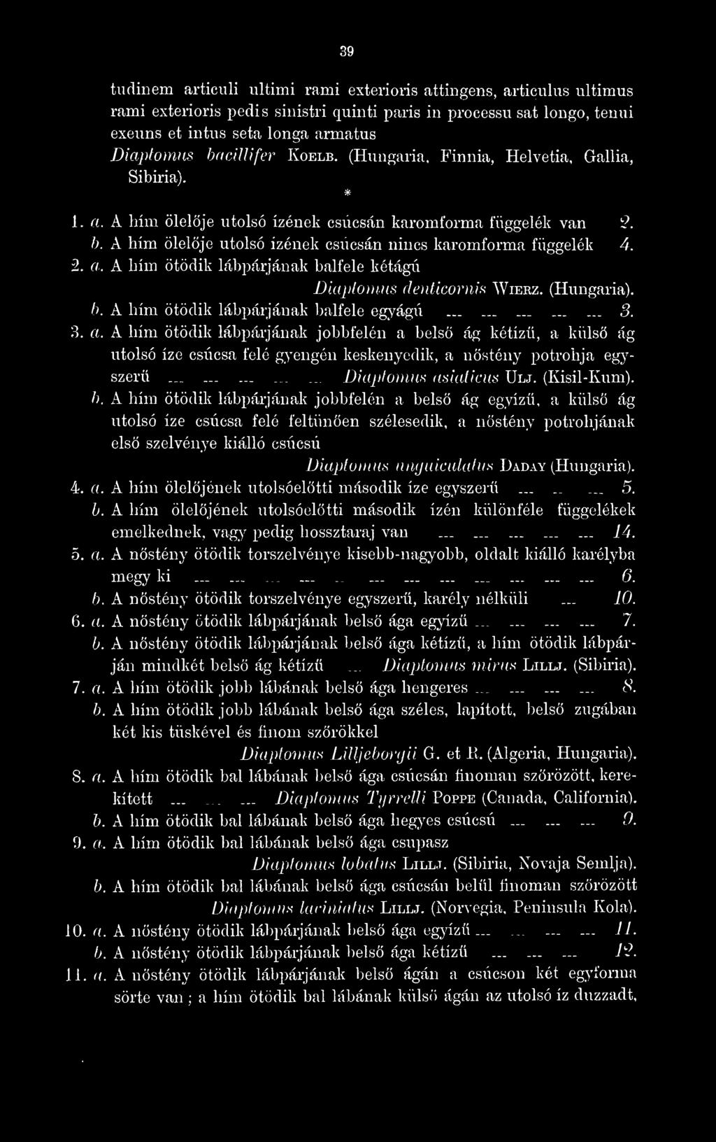 2. a. A hím ötödik lábpárjának balfele kétágú Diaptomus denticornis Wierz. (Hungária). h. A hím ötödik lábpárjának balfele egyágú....... 3. 3. a. A hím ötödik lábpárjának jobbfelén a bels ág kétízü, a küls ág utolsó íze csúcsa felé gyengén keskenyedik, a nstény potrohja egyszer.