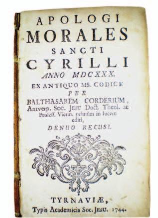 Egy Corvina a jezsuita tradícióban AZ APOLOGI MORALES (1744) CÍMLAPJA.