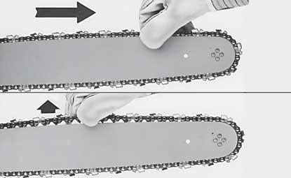 - Keti kaitsekatte paigaldamine: hoidke seda vastu juhtplaati ja keerake seadistuskruvi (L) selliselt, et ketipinguti hammas (D) siseneb lati avasse (G) (Joon 56).