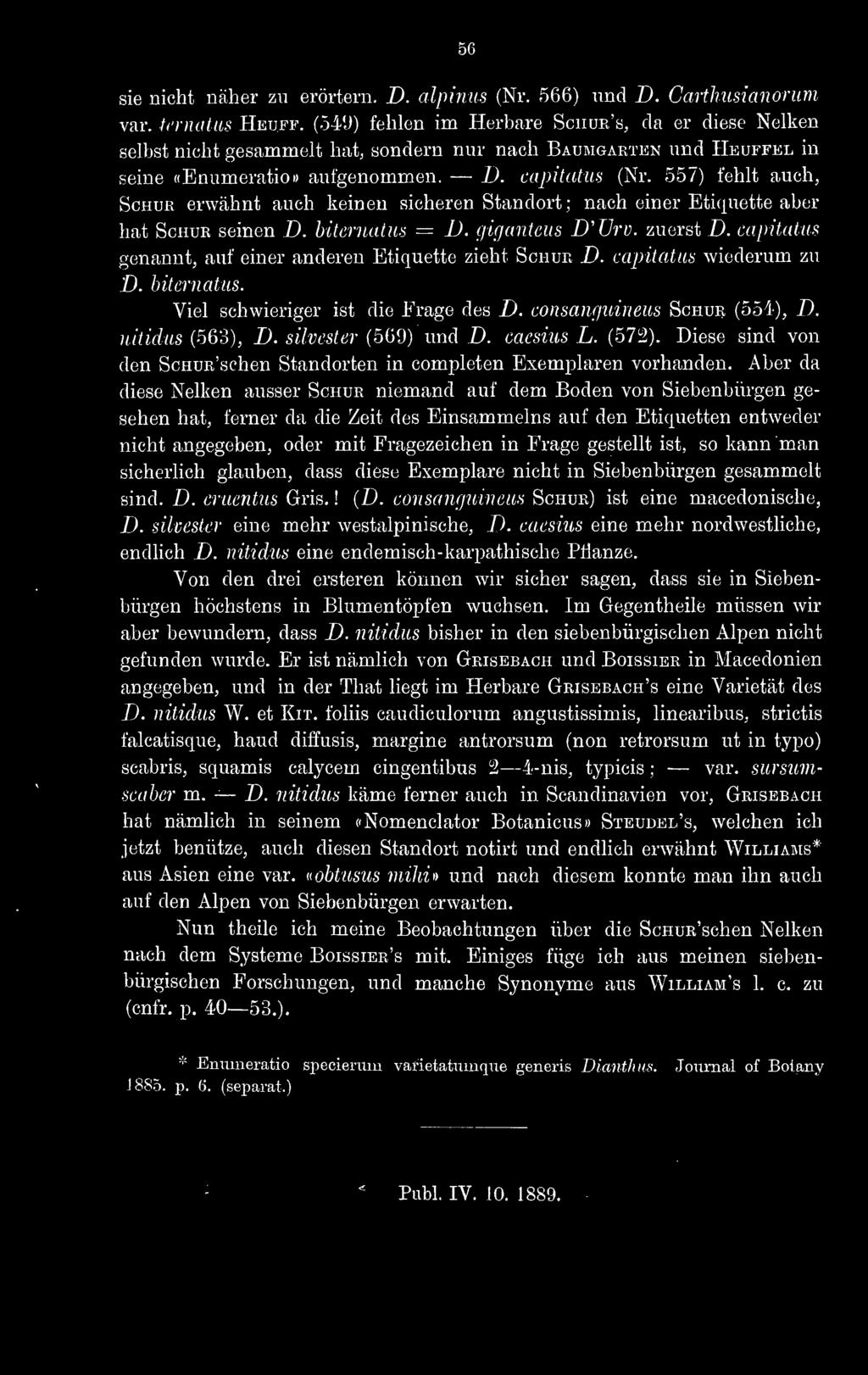 557) fehlt auch, Schur erwähnt auch keinen sicheren Standort; nach einer Etiquette aber hat Schur seinen D. hiteniatm = D. gigantcus D'ürv. zuerst D.