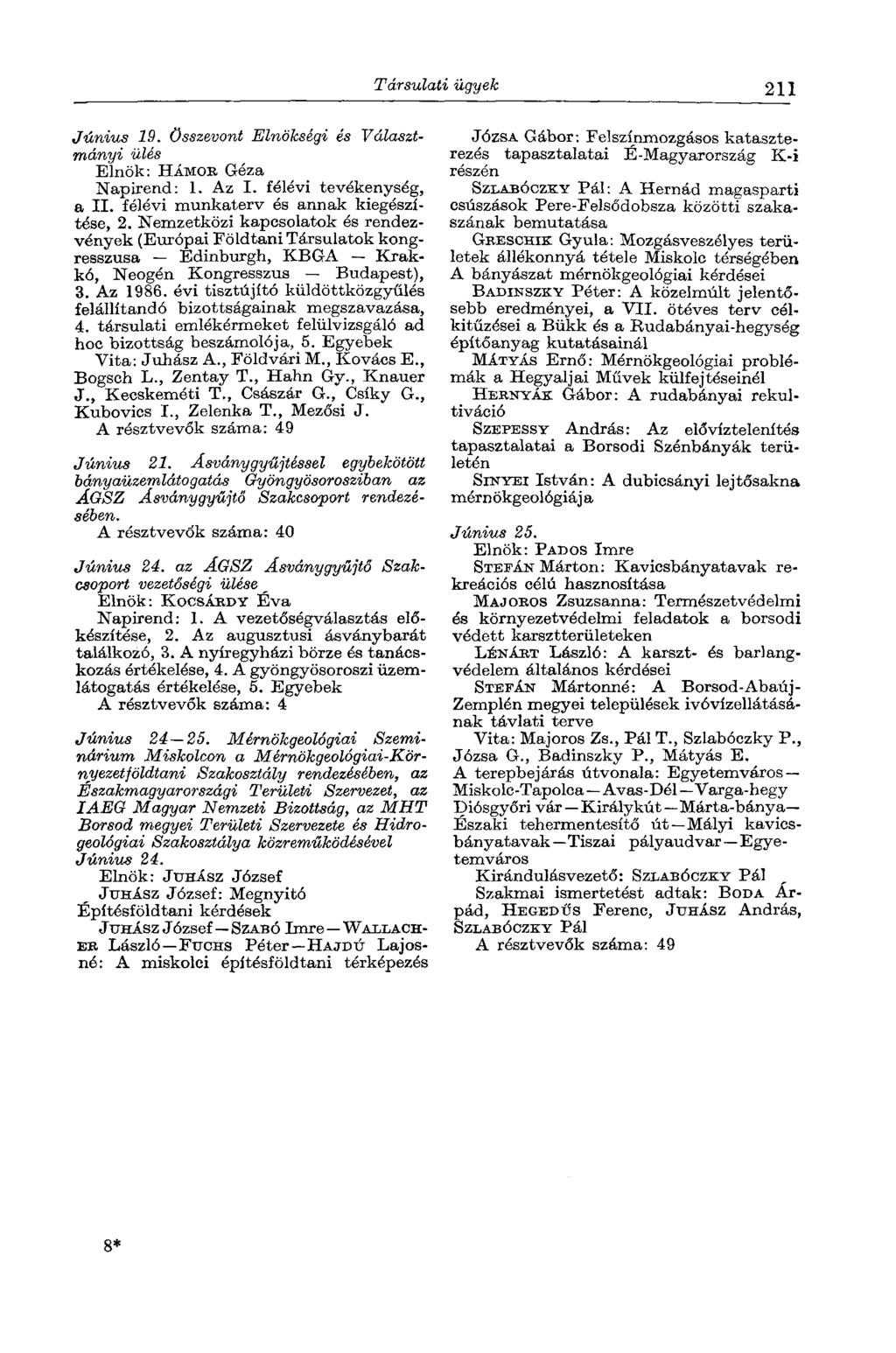 Társulati ügyek 211 Június 19. Összevont Elnökségi és Választmányi ülés Elnök: HÁMOB Géza Napirend: 1. Az I. félévi tevékenység, a II. félévi munkaterv és annak kiegészítése, 2.