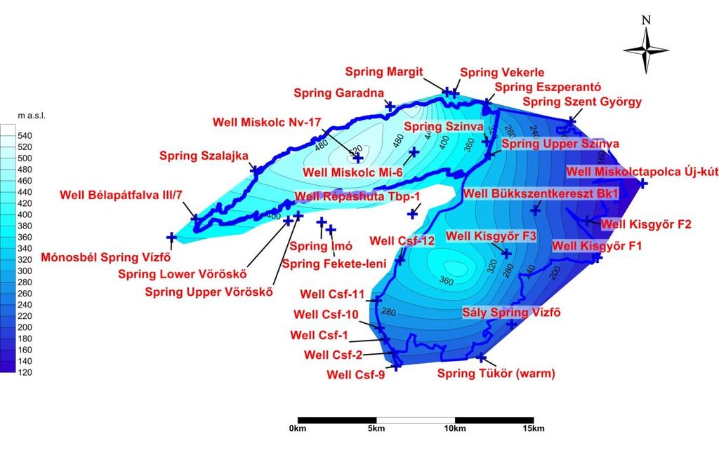 III. THESES Thesis 1. According to registered, mean water level in monitoring points of BKWMS and spring exit point elevation by spring cadaster the mean water relief map of Bükk can be determined.