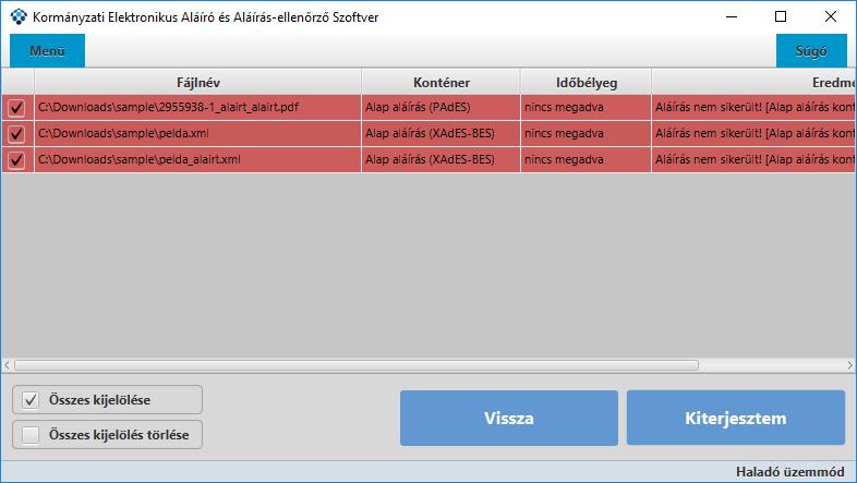 Az OK gombra kattintva az információs ablak bezárul és visszatérünk a dokumentum lista képernyőre, ahol az Eredmény